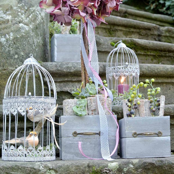 Dekorative Szene mit Vogelkäfigen, Holzkisten und floralen Elementen auf einer Steintreppe