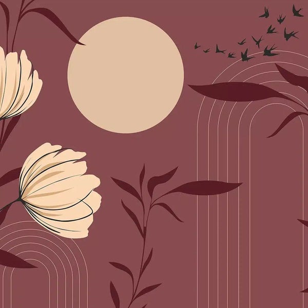 Abstraktes Wandbild mit botanischen Motiven, Blumen, Blättern, fliegenden Vögeln, einer Sonne und geometrischen Bögen.