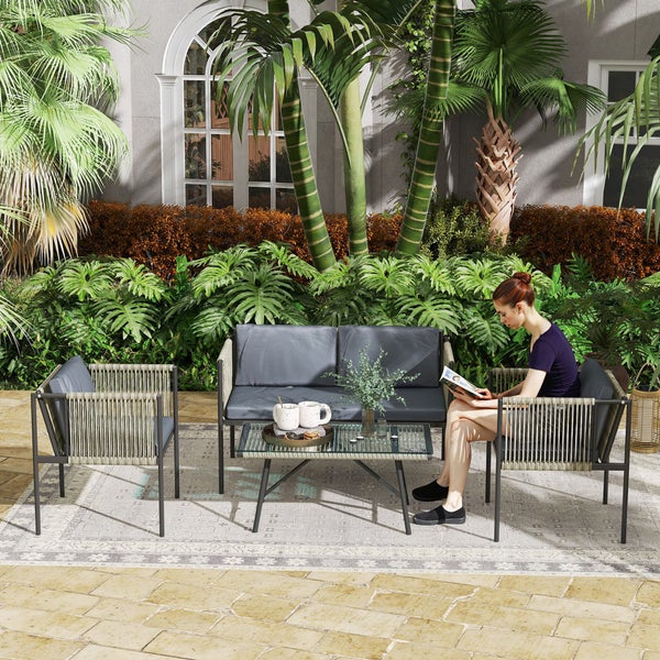 Outsunny Gartenmöbel Set aus Polyrattan Lounge-Set mit 2er Sofa Sessel Glastisch Kissen wetterfest Balkonmöbel für 4 Personen Outdoor Sitzgruppe Terrassenmöbel für Garten Balkon Grau