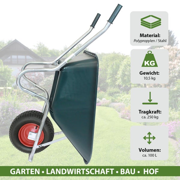 Schubkarre aus Polypropylen und Stahl, grüne Wanne, rote Felge, Tragkraft circa 250 Kilogramm, Volumen circa 100 Liter, Gewicht 10,5 Kilogramm.
