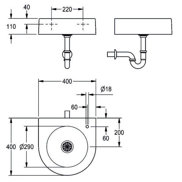 Maßzeichnung für Waschbecken mit Siphon, Breite 400 Millimeter, Tiefe 400 Millimeter, Höhe 110 Millimeter.