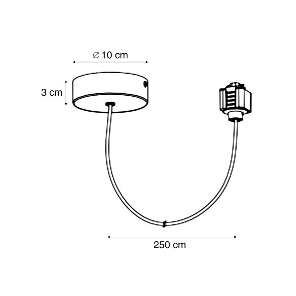 Technische Zeichnung einer Lampenaufhängung mit den Maßen: Durchmesser 10 cm, Höhe 3 cm, Länge 250 cm.