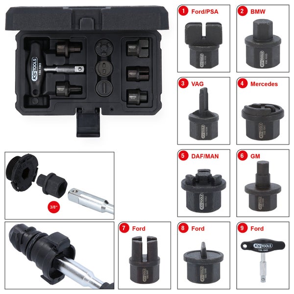 KS Tools Ölfilterschlüssel Satz für verschiedene Automarken in schwarzem Koffer