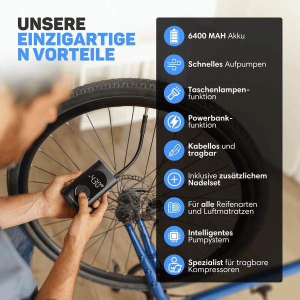Vulpes Goods Luftkompressor - Tragbarer Kompressor - 6400mAh - Kompressor für Auto, Scooter, Fahrrad, Ball -