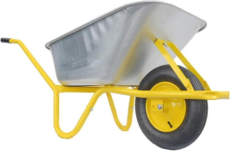 Schubkarre aus Metall mit gelbem Rahmen und schwarzem Rad