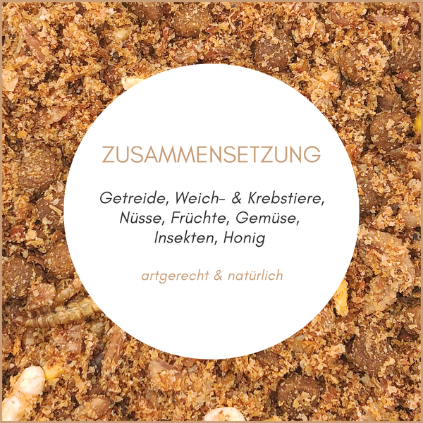 Zusammensetzung des Tierfutters mit Getreide, Weich- und Krebstieren, Nüssen, Früchten, Gemüse, Insekten und Honig.