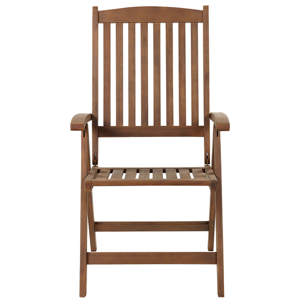 Garten-Klappsessel aus Holz mit Armlehnen und hoher Rückenlehne.