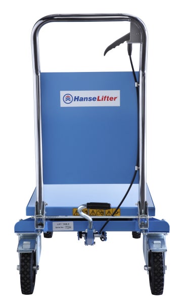 HanseLifter Logo auf einem blauen Hubtischwagen