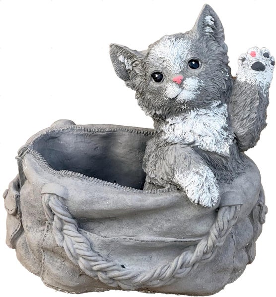 Dekorativer Pflanztopf in Form einer Katze, die aus einer Tasche herausschaut und winkt, aus Steinguss