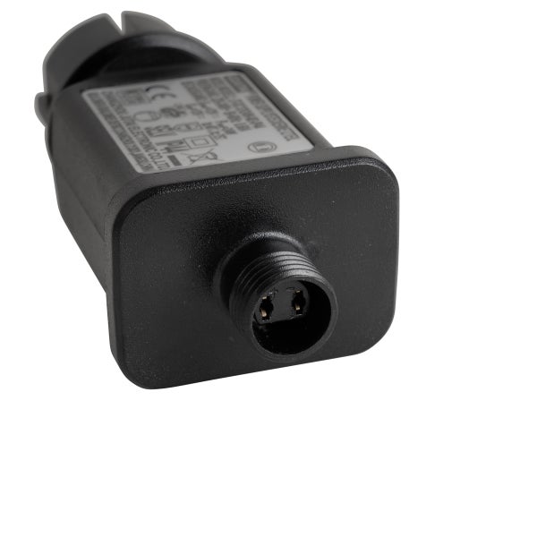 Schwarzer Netzadapter mit zweipoligem Anschluss und Gewinde aus Kunststoff für LED-Systeme.
