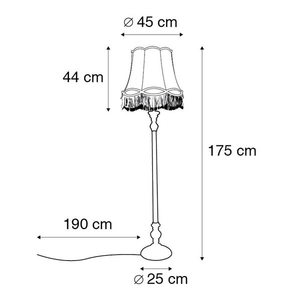 Technische Zeichnung einer Stehlampe mit den Maßen: Höhe 175 cm, Lampenschirmdurchmesser 45 cm, Lampenschirmhöhe 44 cm, Kabellänge 190 cm, Fußdurchmesser 25 cm