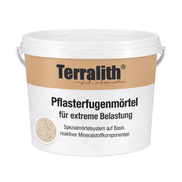 Terralith Pflasterfugenmörtel für extreme Belastung im weißen Kunststoffeimer.