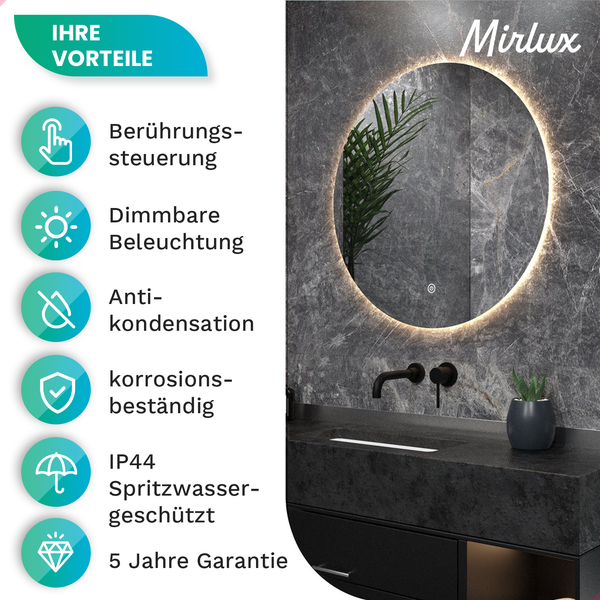 Mirlux Badezimmerspiegel mit LED Beleuchtung, Wandspiegel Rund,  Anti Kondensations Duschspiegel,  80CM