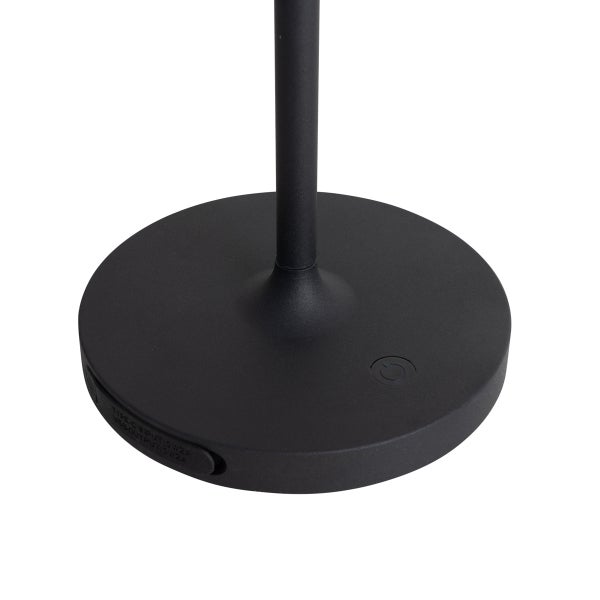 Runder schwarzer Lampenfuß mit Touch-Schalter und USB-C-Anschluss.