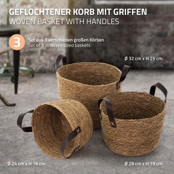 ECD Germany 3er Set Korb mit Griffen, Dekokorb aus Wasserhyazinthe, Ø 24/28/32, Braun, Stapelbar, Pflanzenübertopf, Wäschekorb, Deko-Aufbewahrungskorb, Aufbewahrungskorb, Regalkorb, Mehrzweckkorb