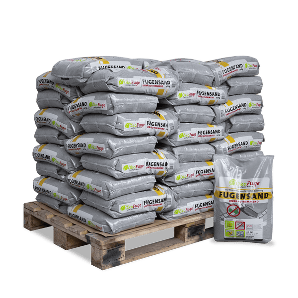 ÖkoFuge Fugensand unkrauthemmend Anthrazit, 20 Kilogramm Säcke auf einer Palette gestapelt.