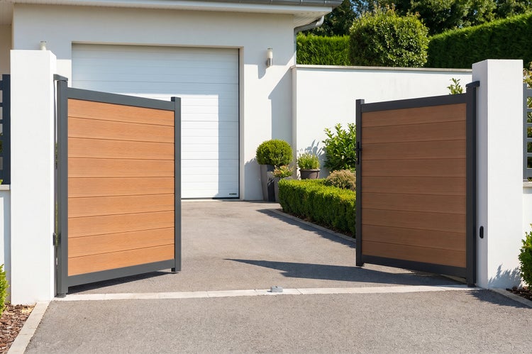 Zweiflügeliges Einfahrtstor mit Metallrahmen und Lamellen in Holzoptik vor einer hellen Hauseinfahrt mit Garage und gepflegter Bepflanzung.