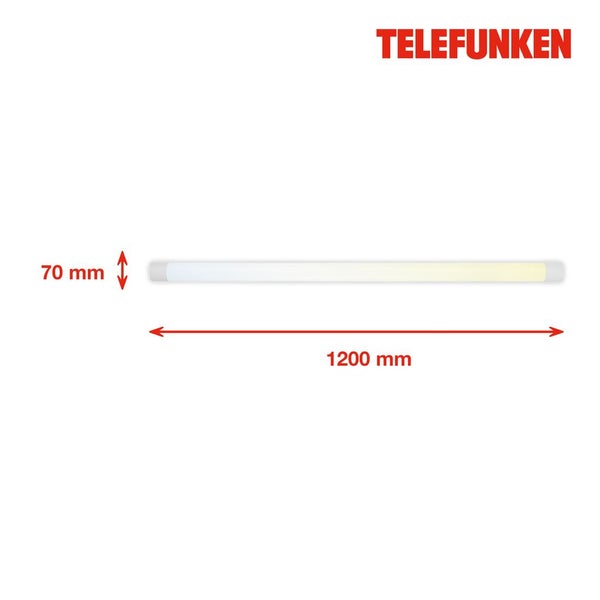 Telefunken Logo. LED-Lichtleiste mit einer Länge von 1200 Millimeter und einer Breite von 70 Millimeter.