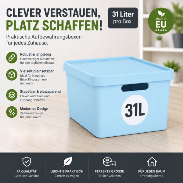 Kunststoff Aufbewahrungsbox mit 31 Liter Fassungsvermögen, stapelbar und vielseitig einsetzbar für Haushalt, Büro oder Kinderzimmer.