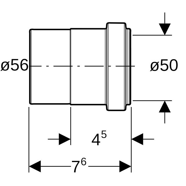 Maßzeichnung für ein Rohrstück mit einem Durchmesser von 56 Millimetern auf 50 Millimeter und einer Gesamtlänge von 76 Millimetern.
