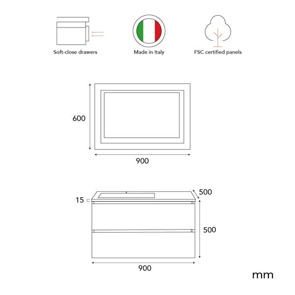 Technische Zeichnung eines Badezimmermöbels mit Maßen in Millimeter, Soft-Close-Auszügen, Herstellungsland Italien und FSC-zertifizierten Platten.