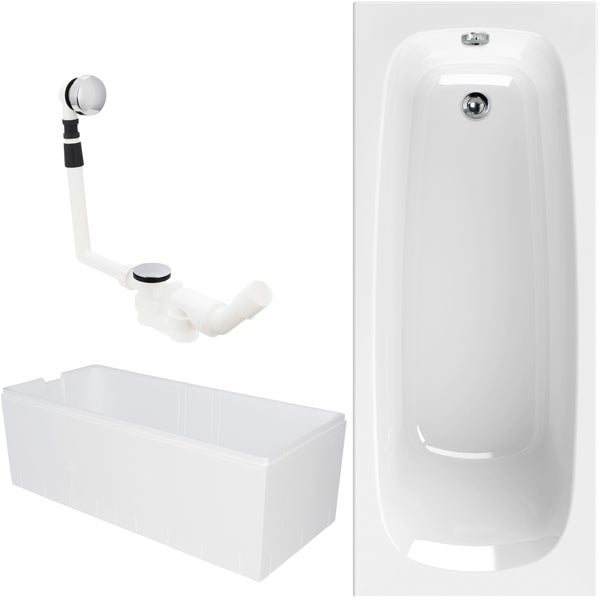 Rechteckbadewanne aus Sanitäracryl mit Wannenab- und Überlaufgarnitur sowie Styroporträger zur Montage.