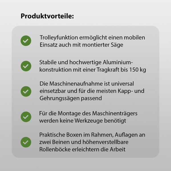 Produktvorteile: Trolleyfunktion, Aluminiumkonstruktion bis 150 kg, universelle Maschinenaufnahme, werkzeuglose Montage, praktische Boxen, Auflagen und Rollenböcke.