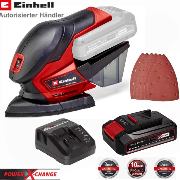 Einhell Akku Multischleifer mit Ladegerät, zwei Akkus und Schleifpapier inklusive Einhell Logo und Herstellergarantiesiegel.