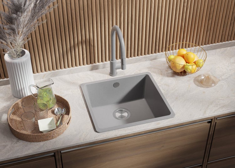 PRIMAGRAN Spülbecken Grau 46x44cm, Granitspüle 1 Becken + Ablauf-Set, Küchenspüle ab 50er Unterschrank - Venedig Slim Easy