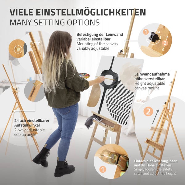 ECD Germany Große Staffelei 65x240 cm, Flexibel verstellbare Dreibein Atelierstaffelei aus massivem Buchenholz mit Malauflage, Klappbare Holzstaffelei für Leinwände bis 122cm, Sitz- und Standstaffelei