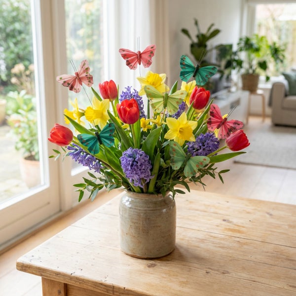 Frühlingsblumenstrauß mit Tulpen, Narzissen und Hyazinthen in einer Steingutvase dekoriert mit Schmetterlingssteckern auf einem Holztisch.