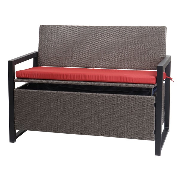 Gartenbank aus Polyrattan mit Stauraum, braunem Geflecht und roter Sitzauflage.