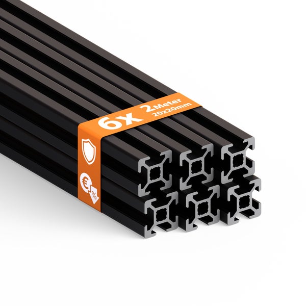 Sechs schwarze Aluminiumprofile, jeweils zwei Meter lang und mit den Maßen 20 x 20 Millimeter