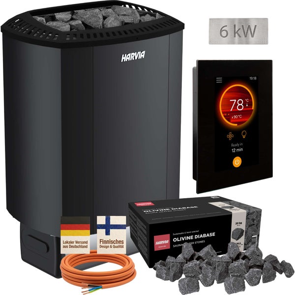 Harvia Saunaofen Set 6 Kilowatt mit Steinen, Steuerung und Anschlusskabel.