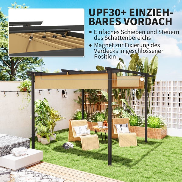Outsunny Pergola 3x3m Garten Pavillon Terrassendachung aus Metall, Gartenpavillon mit Verstellbares Sonnendach, UV Schutz 30+ Freistehender Sonnenschutz für Terrasse und Garten, Beige