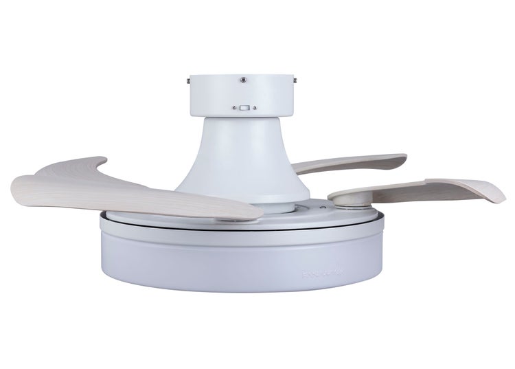 Deckenventilator Fanaway mit ein- und ausklappbaren Ventilatorflügeln in Holzoptik und integrierter Beleuchtung