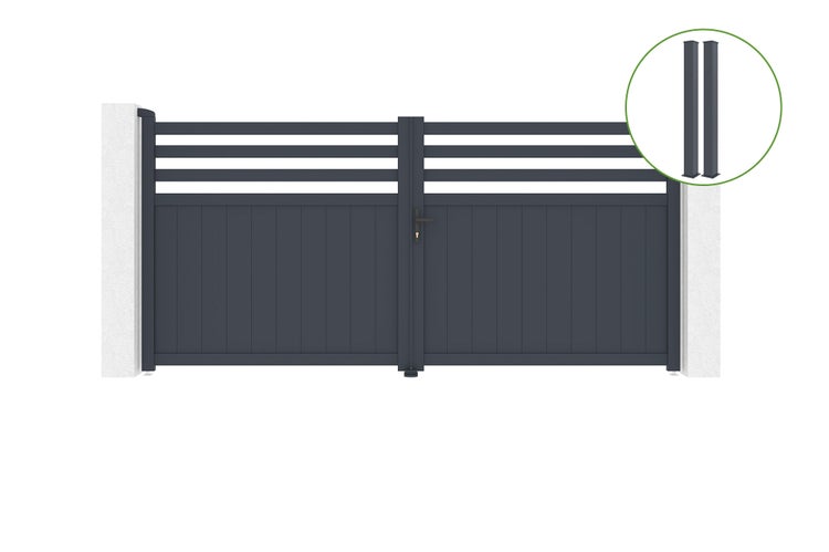Drehtor 3,4m NEVIS H.160cm Aluminium + 2 EIFEL-Pfosten 15x15cm H.190cm GRAU