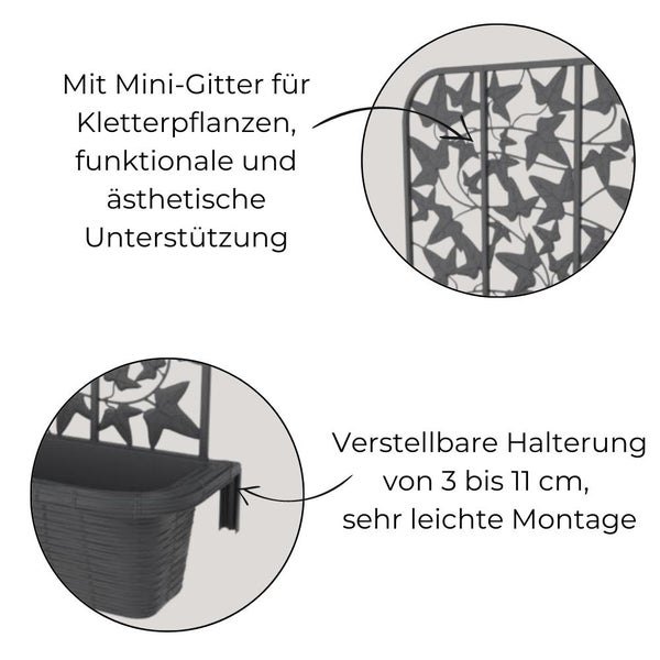 2x Balkonkasten mit Spalier für Kletterpflanzen Blumenkasten Geländerkasten 60 Rattan Optik Balkon Geländer Kasten Halterung Wasserspeicher Anthrazit