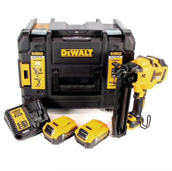 DeWALT Akku-Nagler Set bestehend aus einem Akku-Nagler, zwei 18 Volt Akkus mit 5 Amperestunden, einem Ladegerät und einem Werkzeugkoffer.