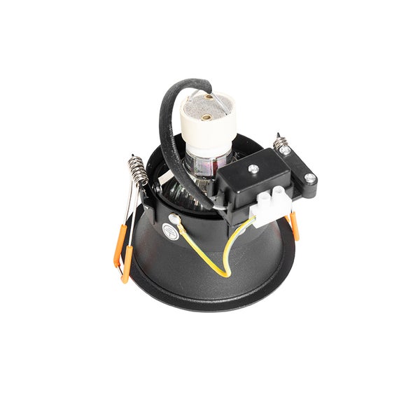 Einbaustrahler in Schwarz, Rückansicht mit Gehäuse, Fassung, Anschlussklemme und Montagefedern.