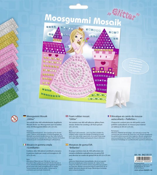 URSUS Kinder-Bastelsets Moosgummi Mosaiken Glitter Prinzessin, Bastelset aus Moosgummi-Stickern, ca. 25x25cm