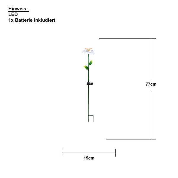 Schema einer LED Solarleuchte in Blumenform mit den Maßen 77 cm Höhe und 15 cm Breite.