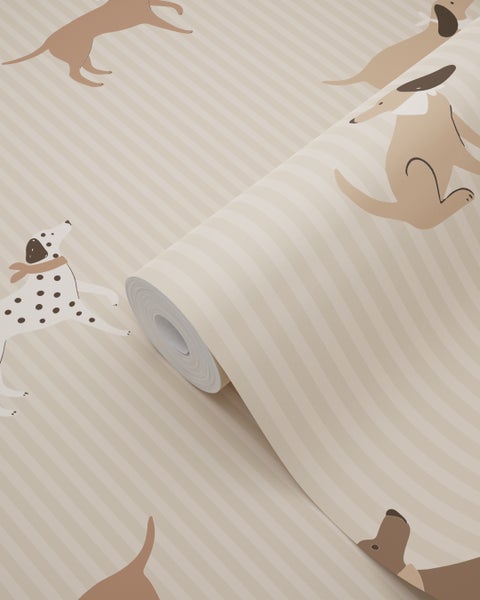 Tapetenrolle mit Hundemotiv und Streifen