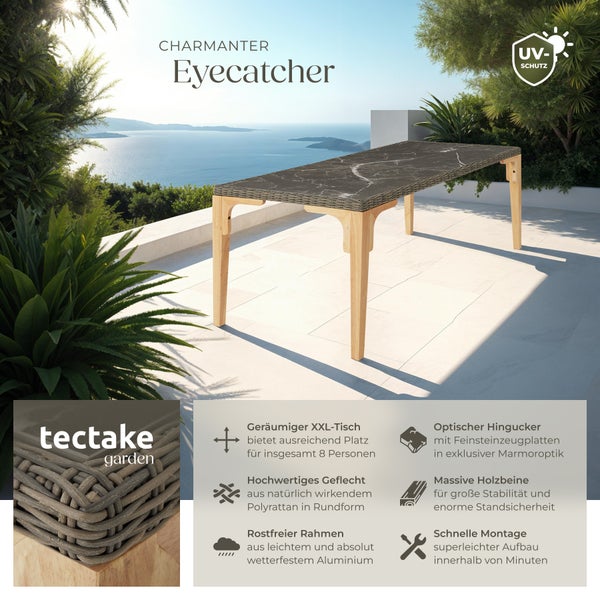 Rattan Tisch tectake Foggia 196 x 87 x 76 cm mit Aluminium- und Holzgestell natur