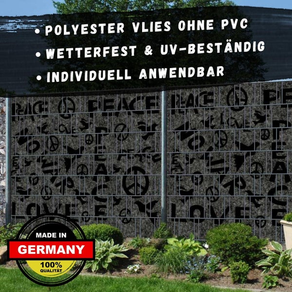 Gabionen Zaun mit Polyestervlies ohne PVC, wetterfest, UV-beständig und individuell anwendbar, mit Friedensmotiven und Made in Germany Siegel.