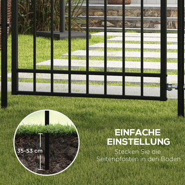 Schwarzes Gartentor aus Metall auf Rasen mit Detailansicht der Pfostenmontage im Boden in einer Tiefe von 35 bis 53 Zentimeter.