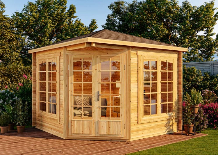 Alpholz 5-Eck Gartenhaus Josephine-40 A Gartenhaus aus Holz in natur, Holzhaus mit 40 mm Wandstärke, Blockbohlenhaus mit Montagematerial imprägniert 3x3m