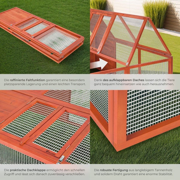 Detailansichten des faltbaren Kleintierstalls aus Holz mit Drahtgitter