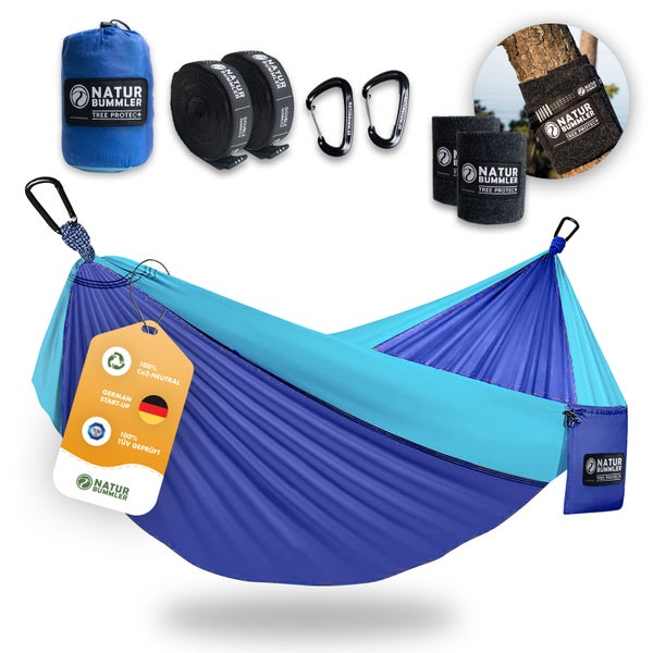 Naturbummler ® Hängematte Outdoor 300 x 170cm [CO2-Neutral und TÜV-Zertifiziert] mit Baumschutzmatte – Doppelschichtige Fallschirmseide bis 2 Personen 300kg Tragkraft