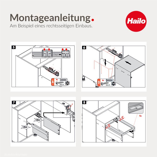 Montageanleitung für ein Hailo Einbausystem in einem Schrank, Schritte fünf bis acht, Hailo Logo.